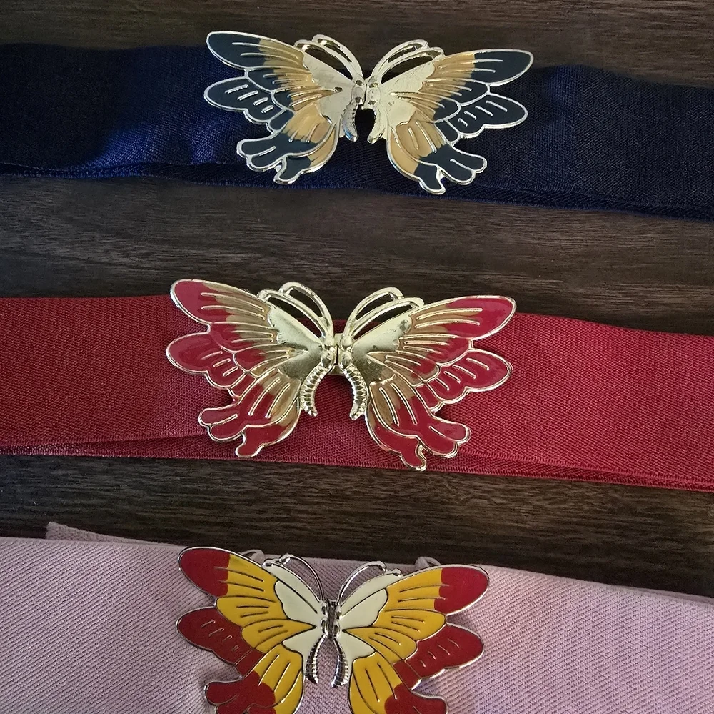 Vintage 70s 80s Butterfly Buckle Elastic Belts - Set of 3